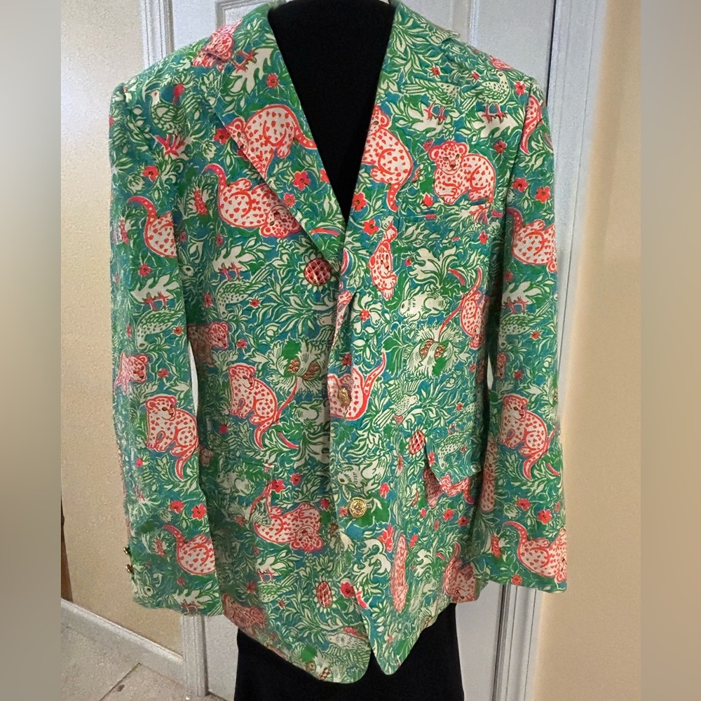 Vintage Lilly Pulitzer Mens Stuff Jungle Print Blazer Jacket Rabbit Tiger Sz 44